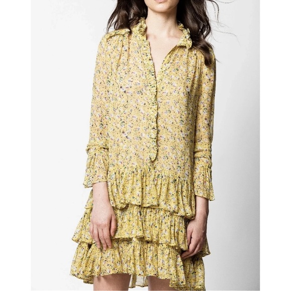 Yellow Zadig & Voltaire Dress Long Sleeve Drop Waist Very Feminine Ruffle Sleeve - Picture 3 of 8